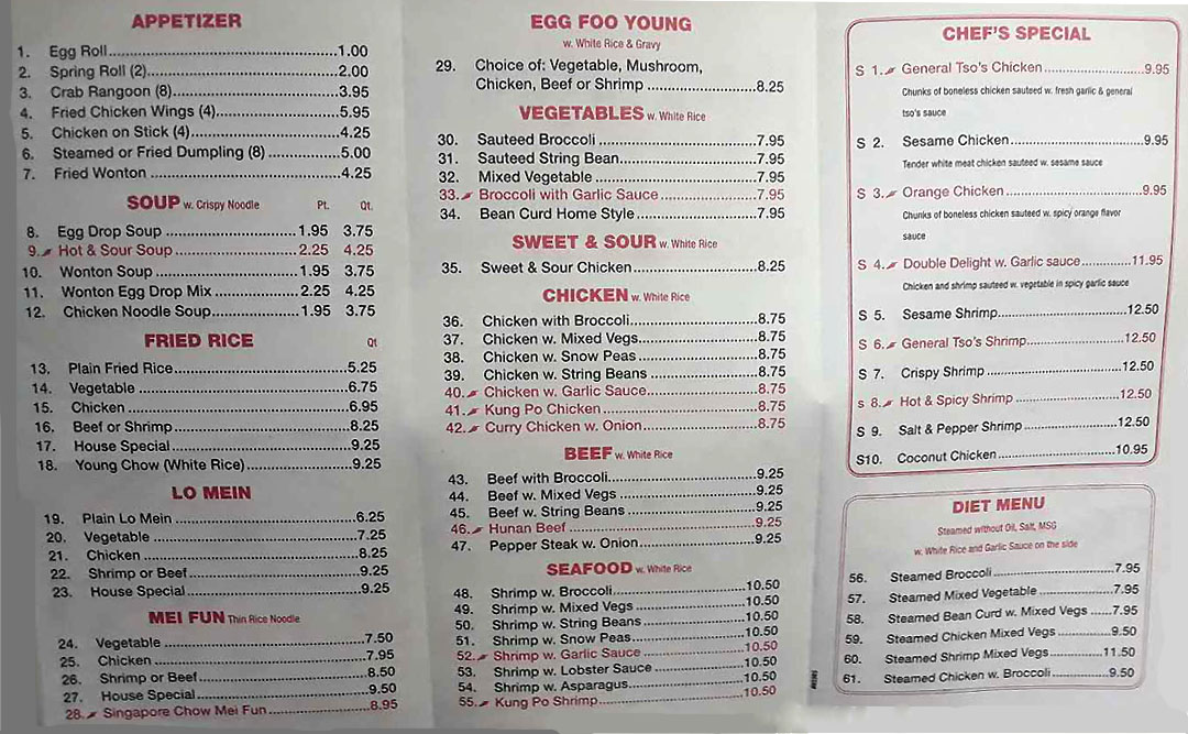 Take Out Menu — Appetizers, Soup, Fried Rice and more